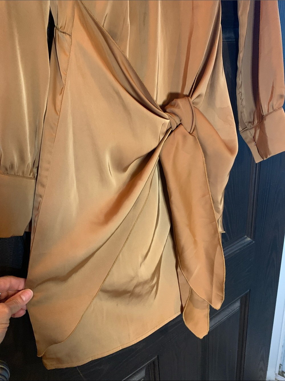 Pretty Garden Women’s Tie-Waist Long Sleeve Satin Dress in Cappucino - Picture 6 of 12